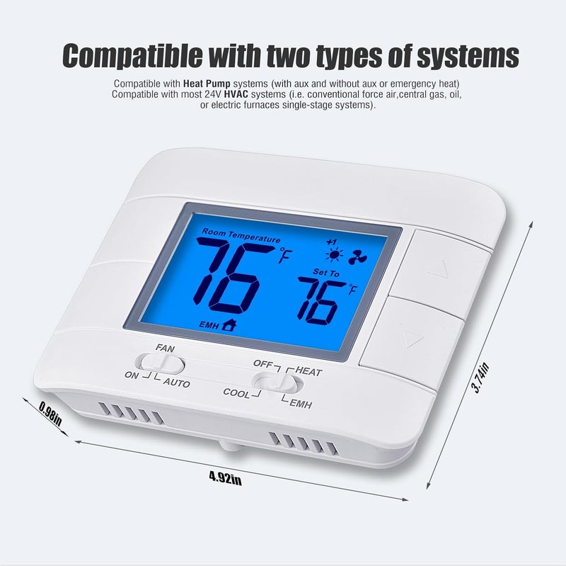Mroinge Thermostat Non Programmable Heat Pump Thermostat for House 2H/1C, with Large LCD Display of Room Temperature and Humidity - Image 3